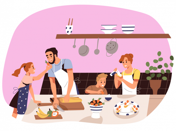 foster parents cooking with foster children